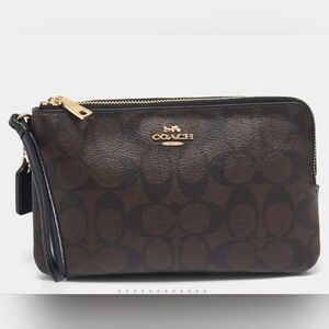 Coach Corner Zip Wristlet Signature Canvas Brown Black NWOT F58035 Wallet